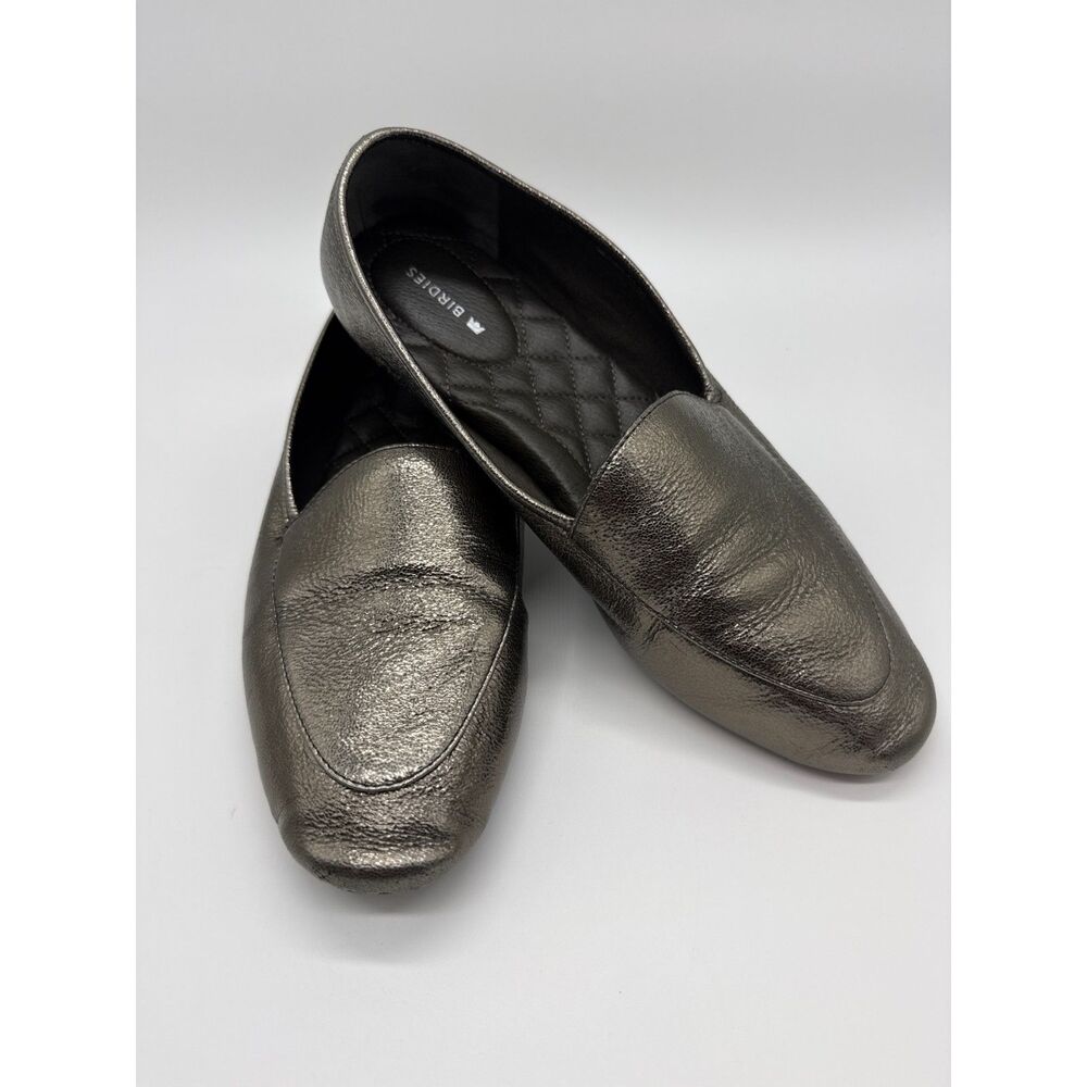 Birdies Vesper Leather Flat Slip On Loafers Metallic Gray Womens 8.5 Silver